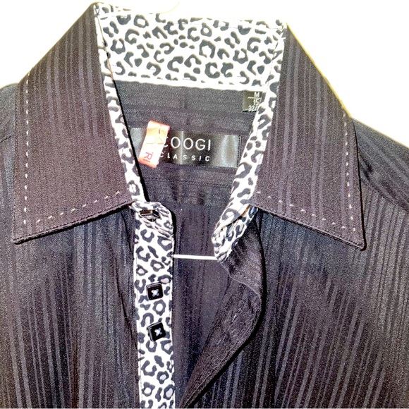 Coogi Classic black pin-stripped w/ leopard cuffs, neckline and button strip - Picture 2 of 13